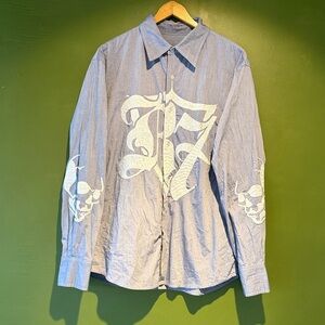 Vintage Y2K Raw7 Men's Blue Embroidered Graphic Shirt